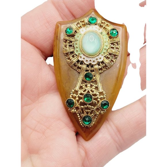 Antique Art Deco Bakelite Enamel & Glass Czech Decorative Dress Clip (A364) - Picture 3 of 5